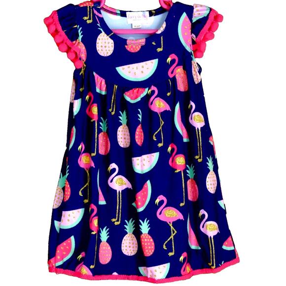 Clover Cottage Girl's Dress Tropical Print Blue Fabric Pom-Pom Trim Size 18-24M - Picture 1 of 3